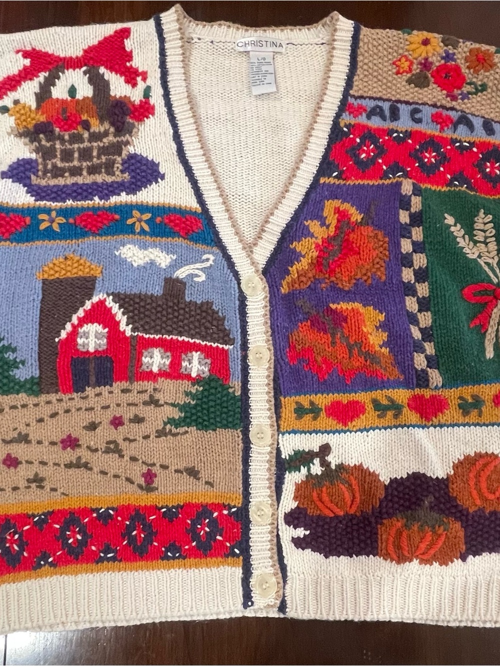Vintage 90s Ivory Knit Cardigan Fall Autumn Harvest Farm Embroidered Sweater L